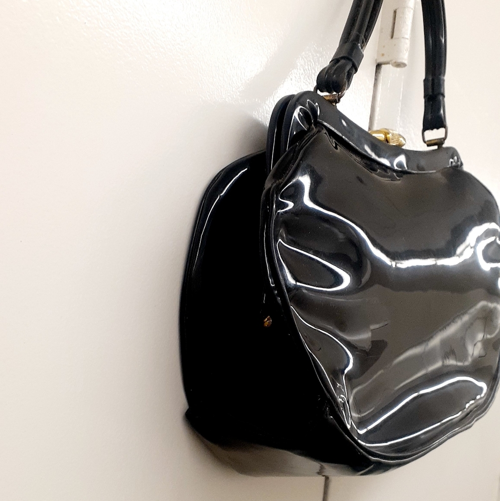 Vtg 60s Black Patent Rockabilly Kelly Bag Handbag Oversized Granny Purse - Picture 3 of 9